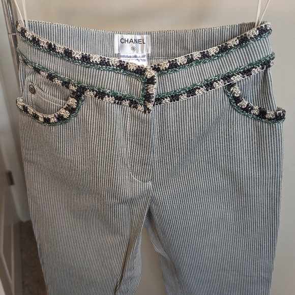 CHANEL green striped 100% cotton jeans